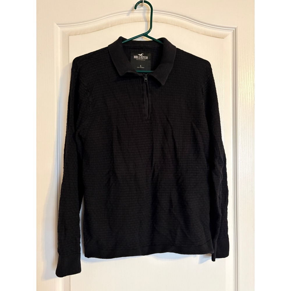 Hollister Quarter Zip Sweater Mens Small Black Excellent Textured Grid Knit
